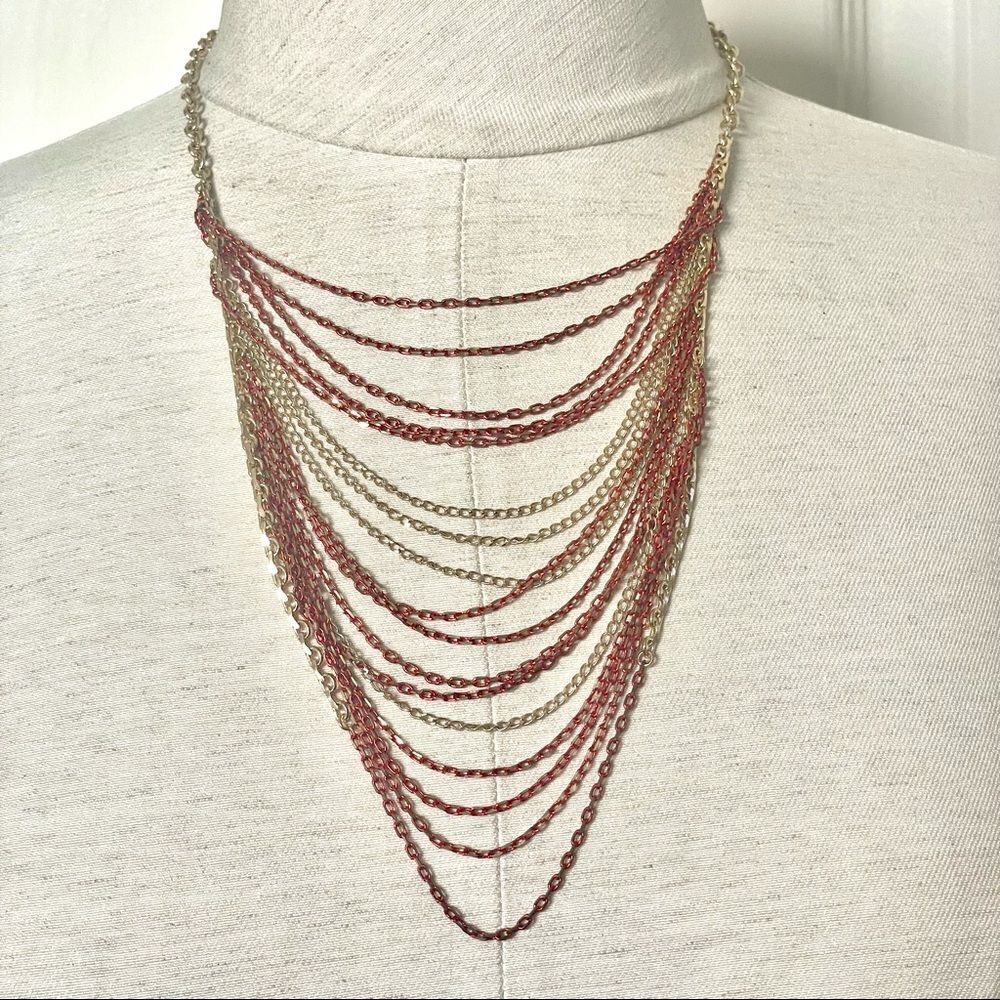 Red and gold chain long statement necklace